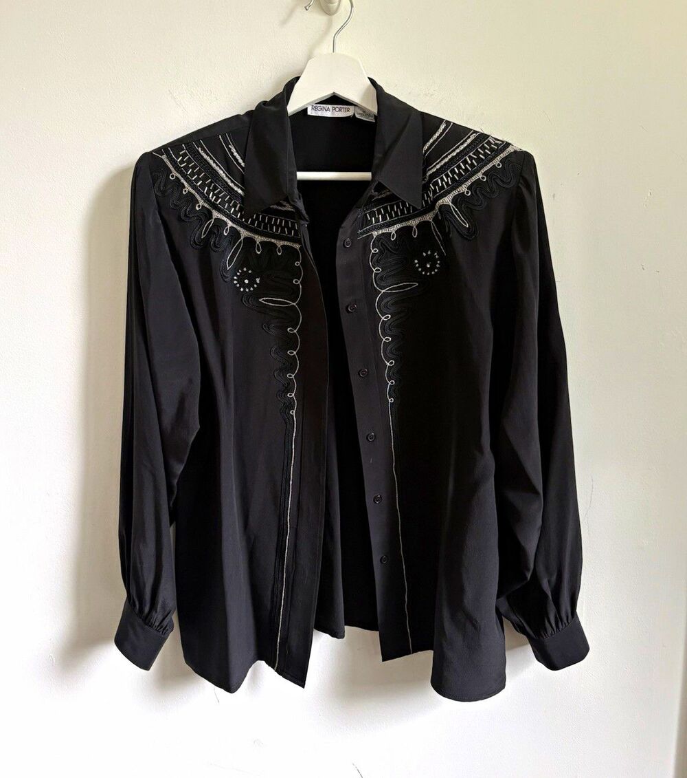 Regina Porter vintage Black Silk Satin Button-Up Collared Blouse Embroidered 10